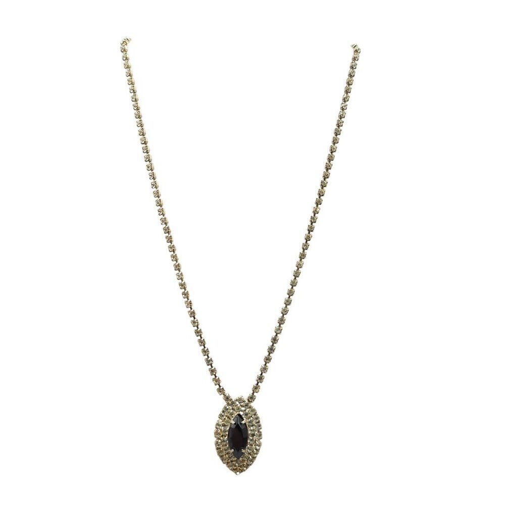 Silver Tone Rhinestone Necklace With Black Marquise Pendant Clear Crystal